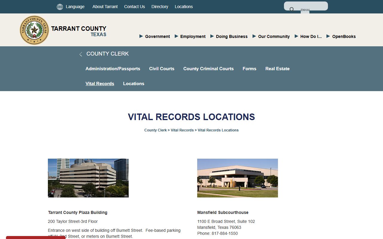 Tarrant County Clerk vital records locations page for Fort Worth birth records
