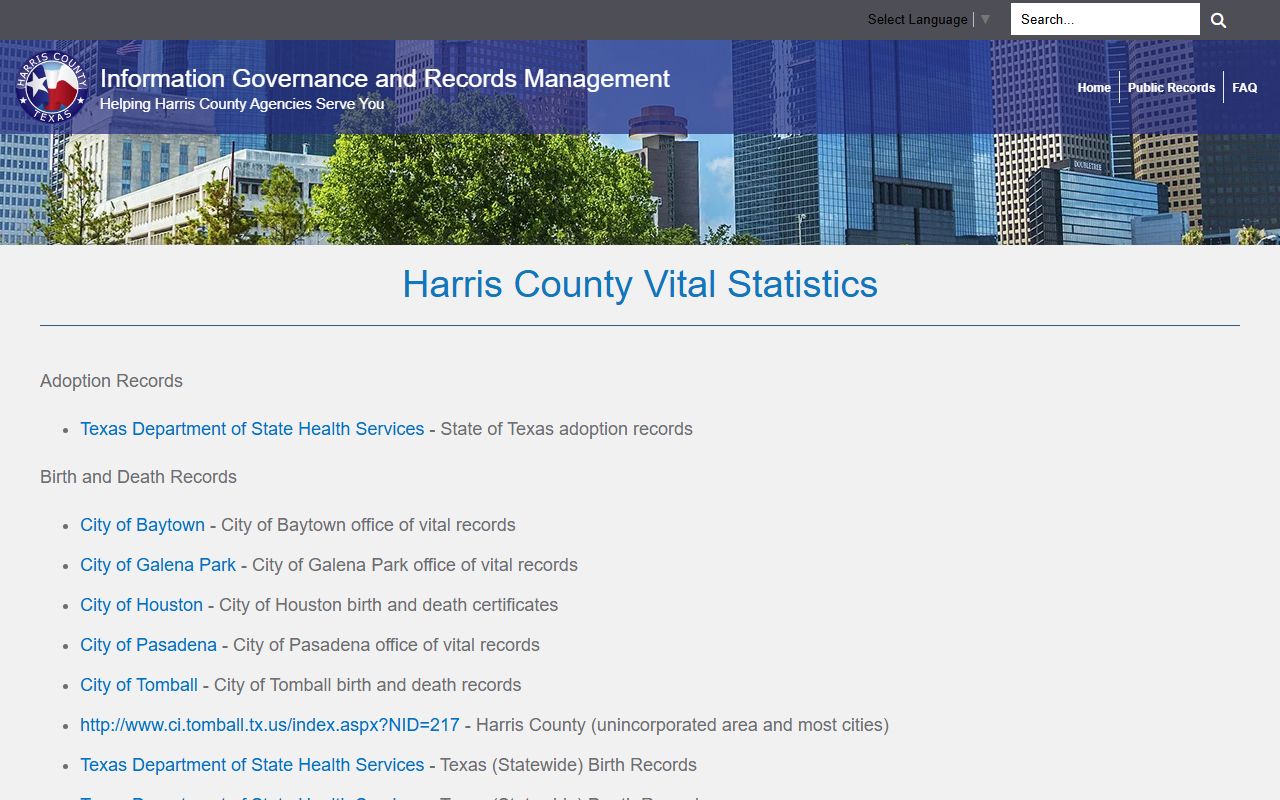 Harris County vital statistics portal for Pasadena birth records