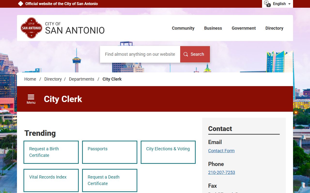 San Antonio City Clerk Vital Records page for San Antonio birth records
