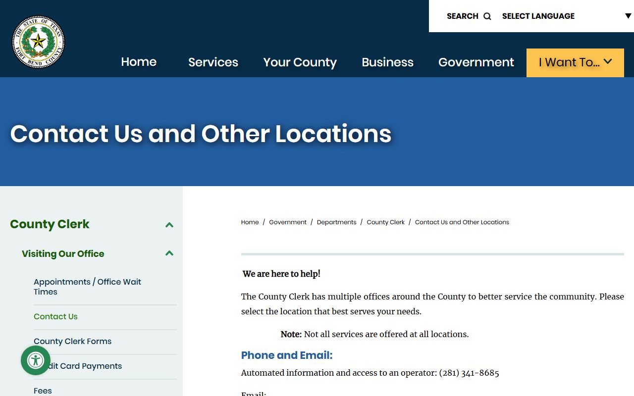 Fort Bend County Clerk contact page for Sugar Land birth records