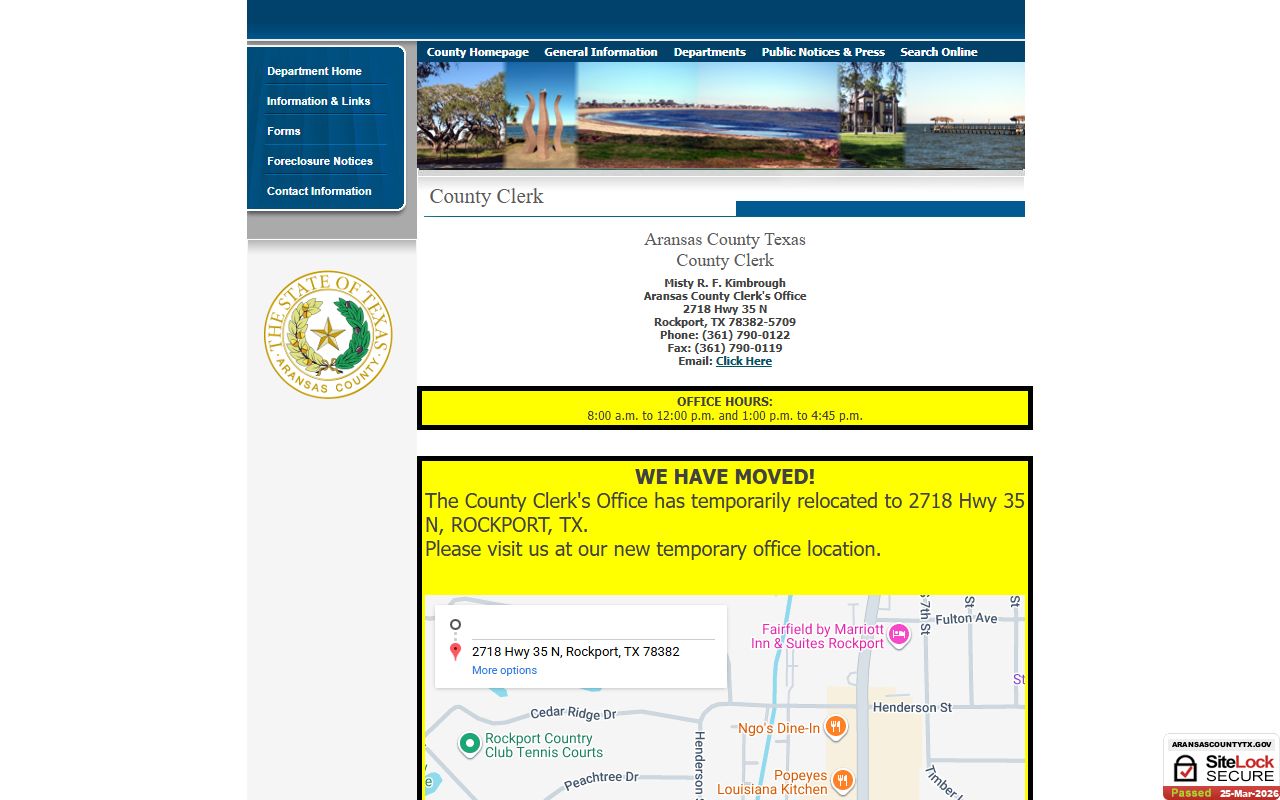 Aransas County Clerk official website for birth records in Rockport Texas