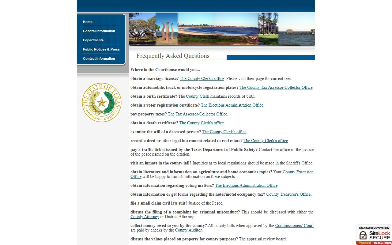 Aransas County FAQ page for birth records requests