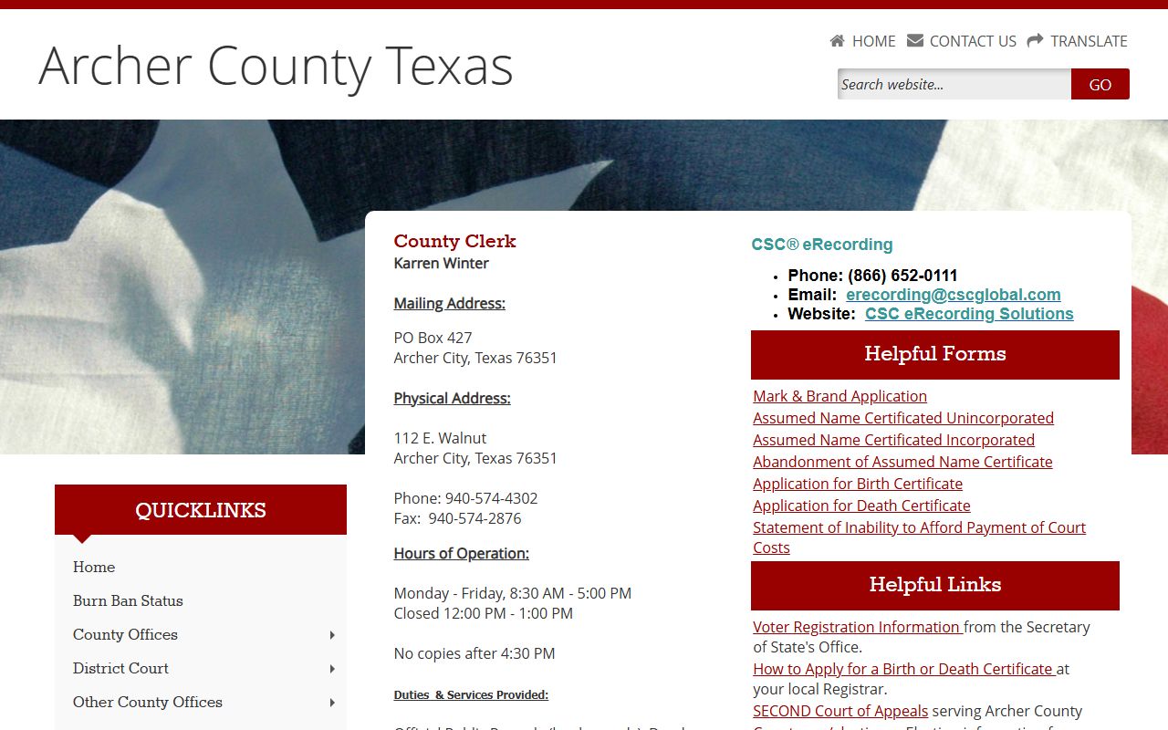 Archer County Clerk official webpage for birth records in Archer City Texas