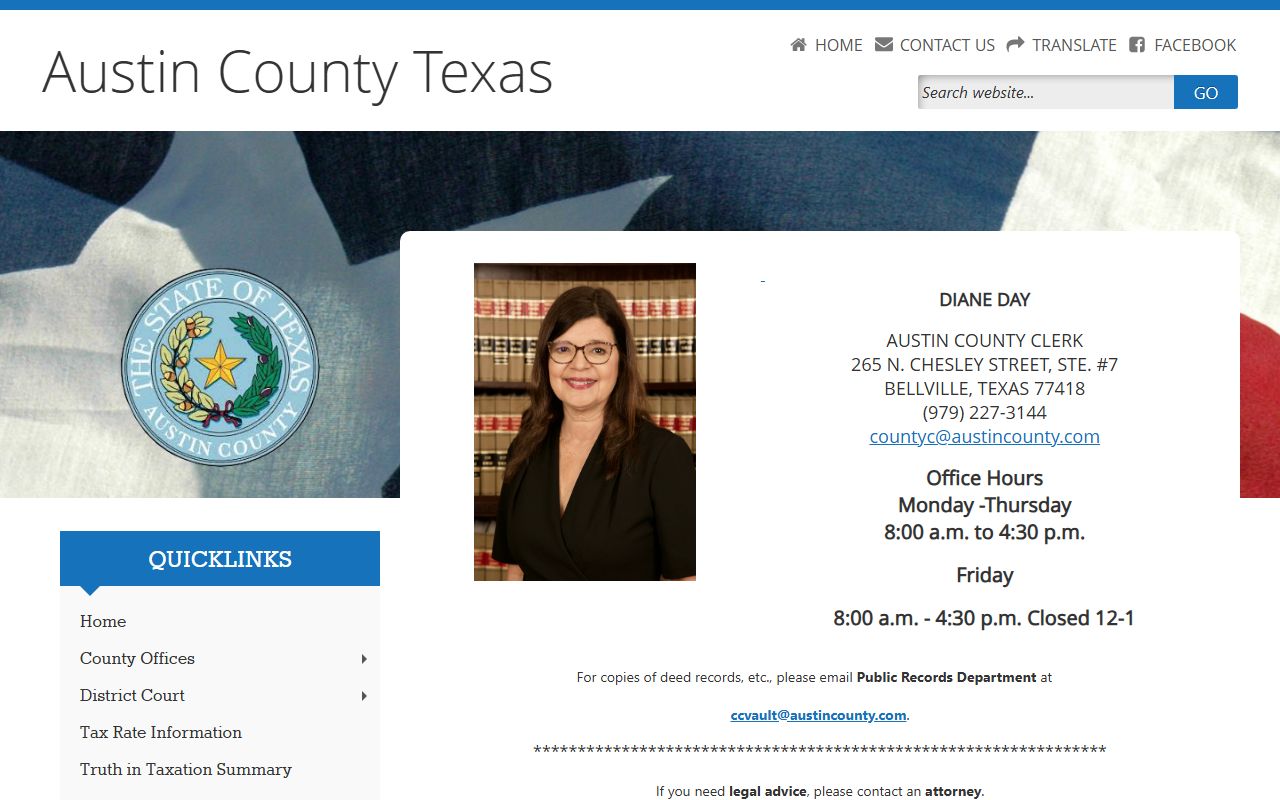 Austin County Clerk official website for birth records in Bellville Texas