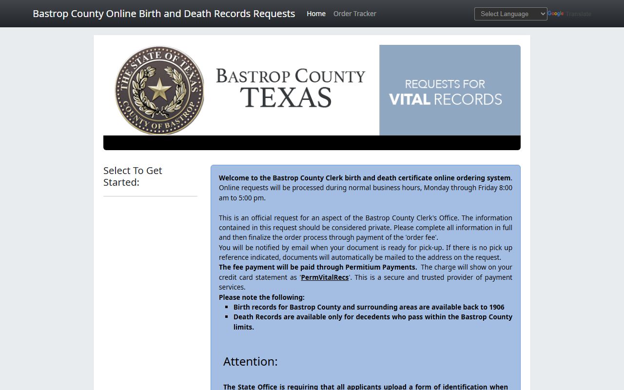 Bastrop County Clerk online ordering portal for birth records in Bastrop Texas