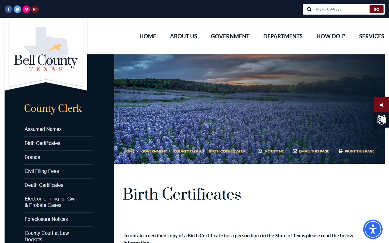 Bell County birth certificates page for vital records requests
