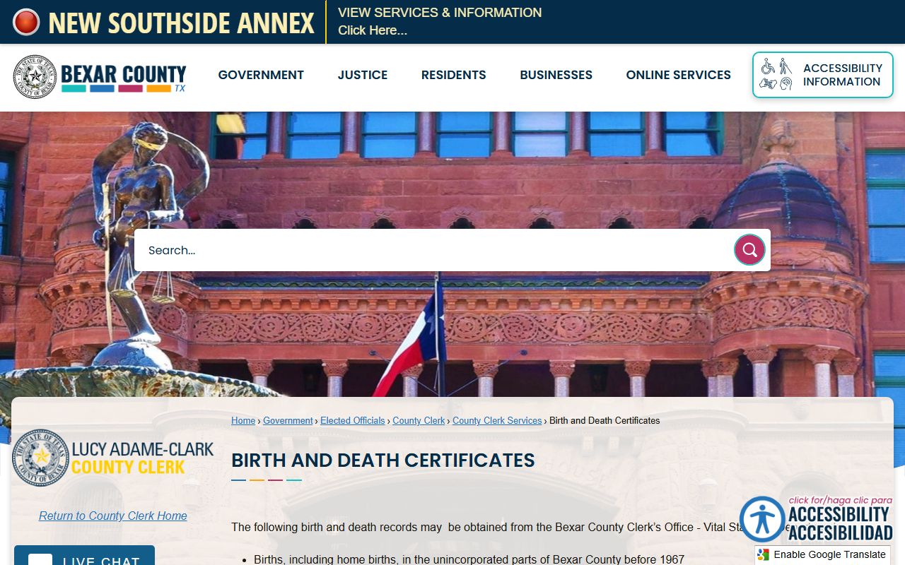 Bexar County birth and death certificates official page