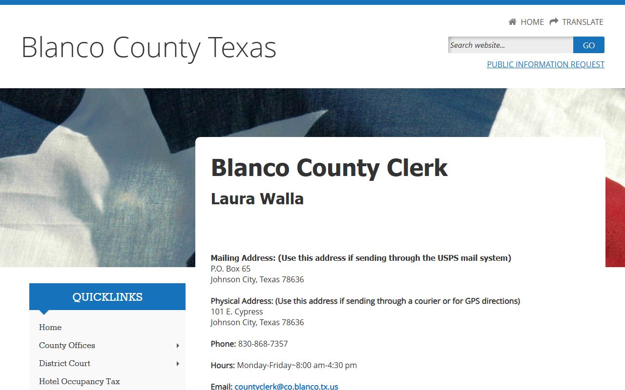Blanco County Clerk official website for birth records in Johnson City Texas