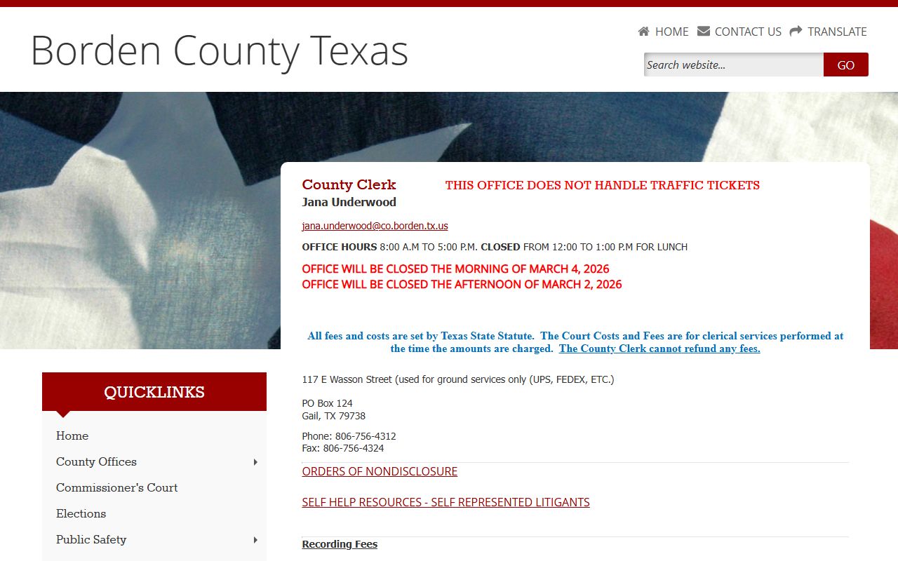 Borden County Clerk official website for birth records in Gail Texas