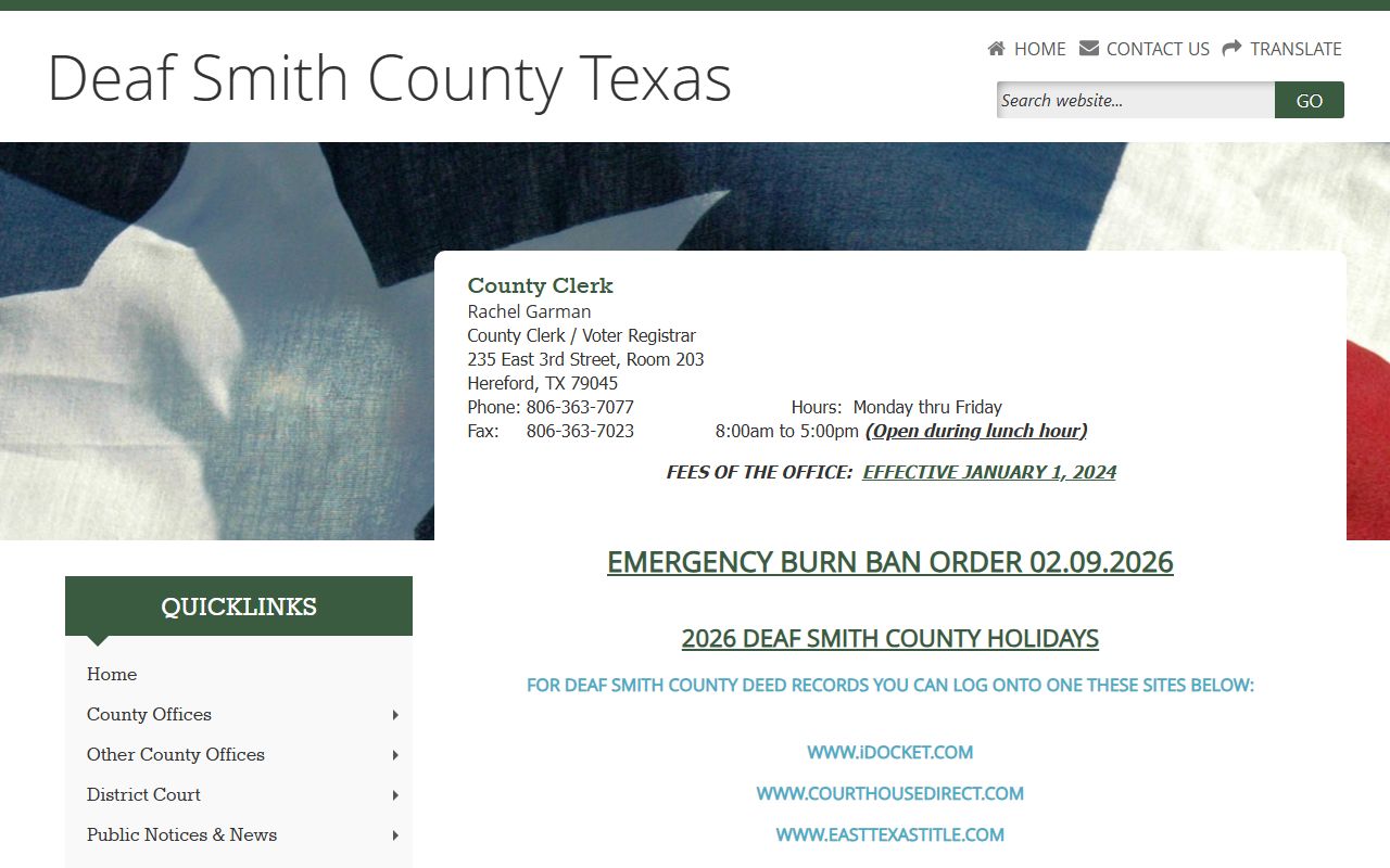 Deaf Smith County Clerk website showing birth records information