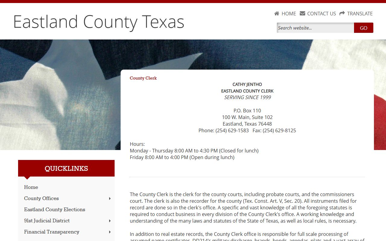 Eastland County Clerk official website showing vital records and contact information