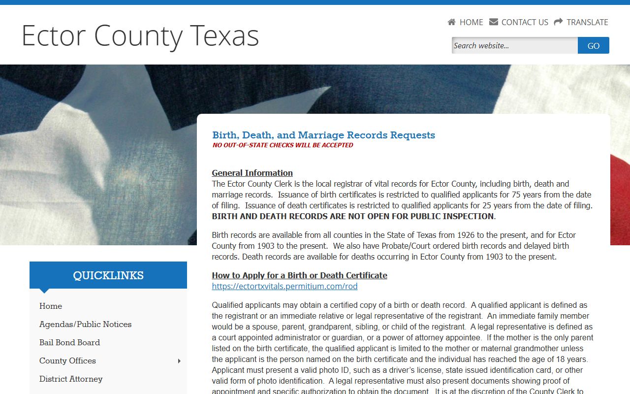Ector County birth and death records page showing requirements and fees