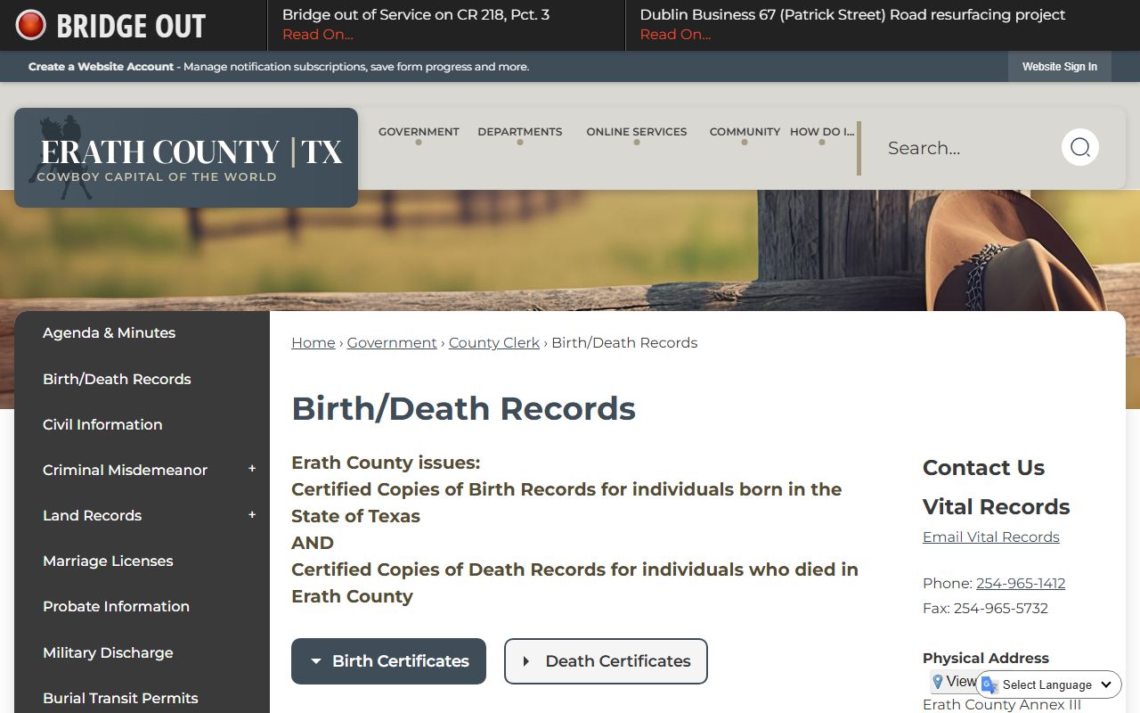 Erath County birth and death records page showing request procedures and qualifications