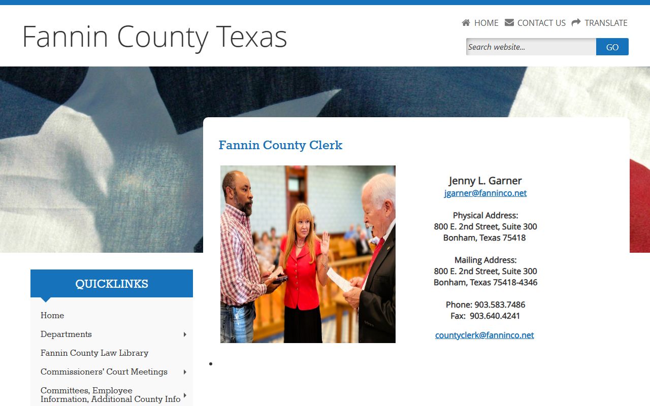 Fannin County Clerk official website showing vital records and contact information