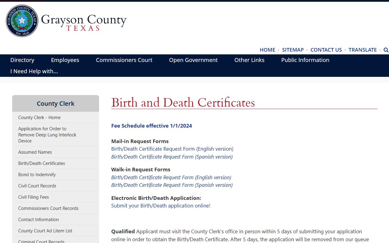 Grayson County Clerk birth and death certificate online application portal
