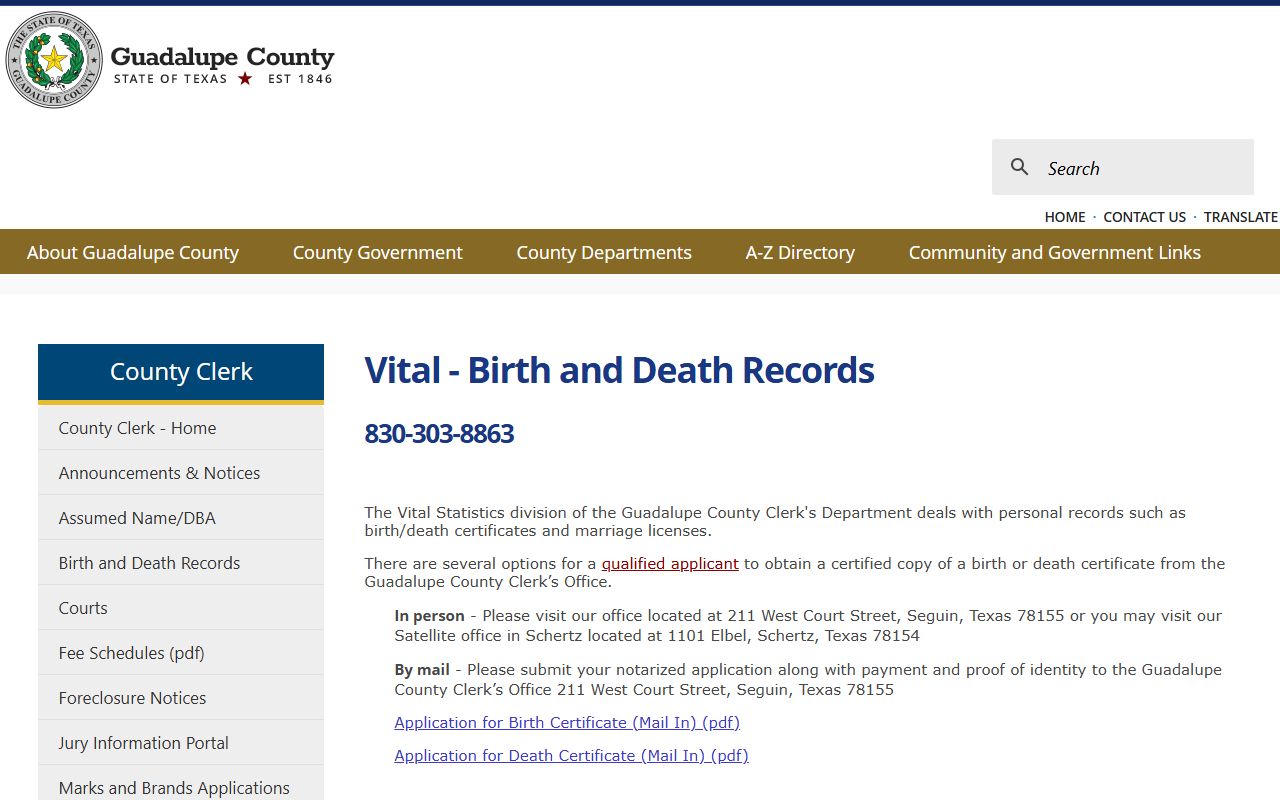 Guadalupe County Clerk vital records page for birth certificates in Seguin Texas