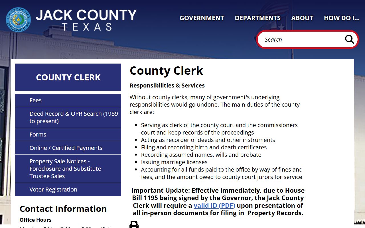 Jack County Texas government website county clerk page