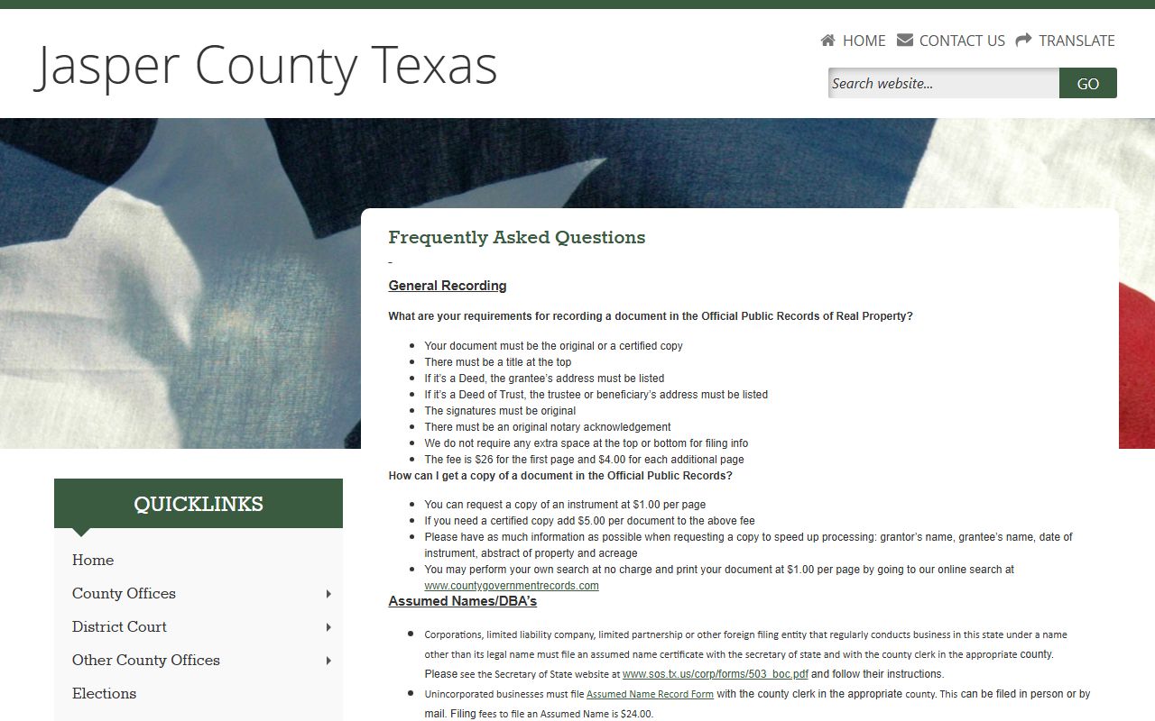 Jasper County Texas frequently asked questions page for county clerk services