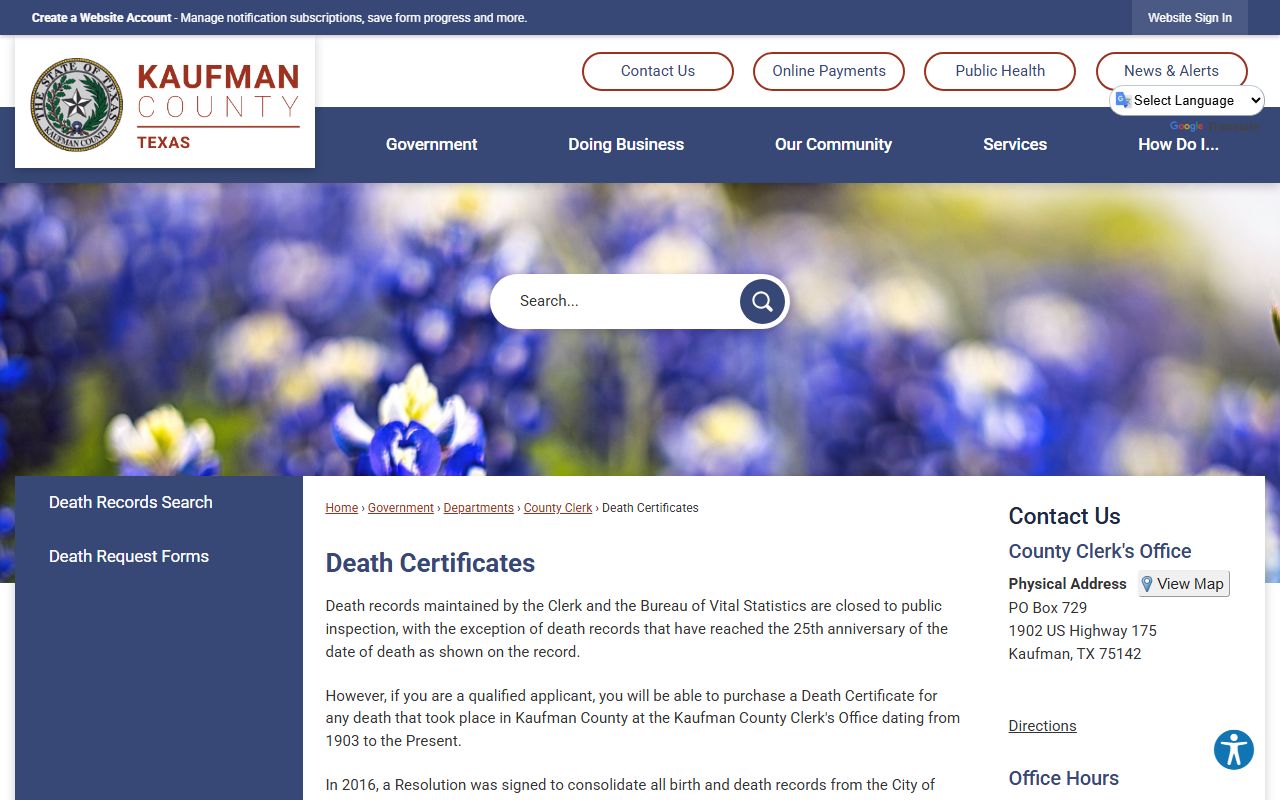 Kaufman County government website birth certificate request page