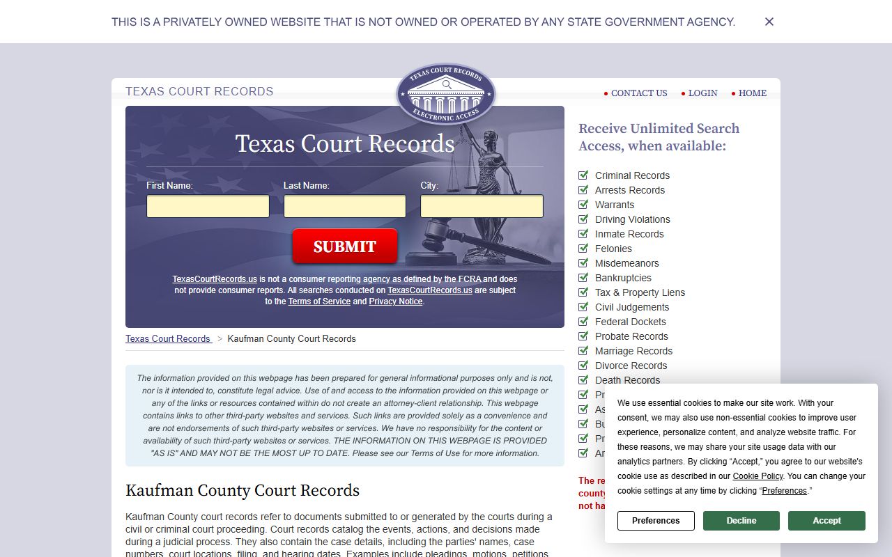 Texas court records information for Kaufman County public records