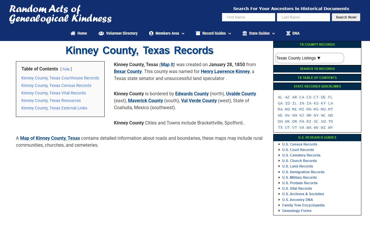 RAO Genealogy Guide for Kinney County birth records research