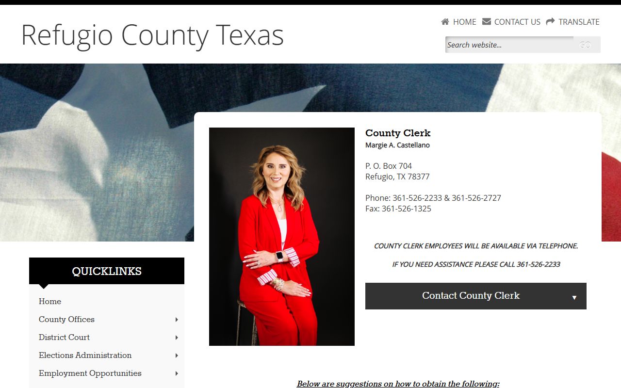 Texas county clerk vital records page showing birth certificate request process