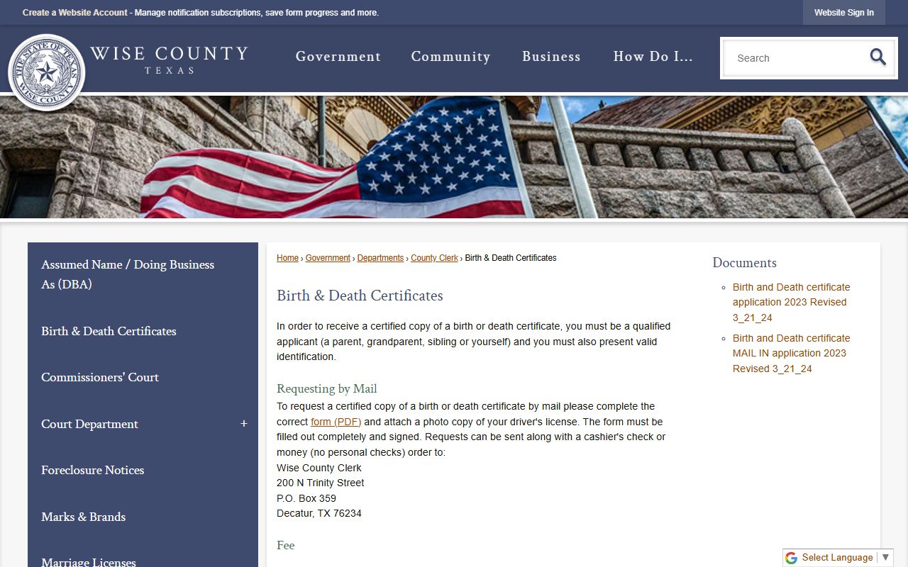 Wise County Texas birth and death certificates county clerk