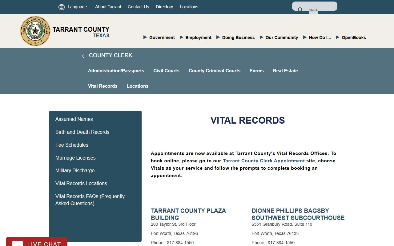 Tarrant County Clerk vital records birth certificates Fort Worth