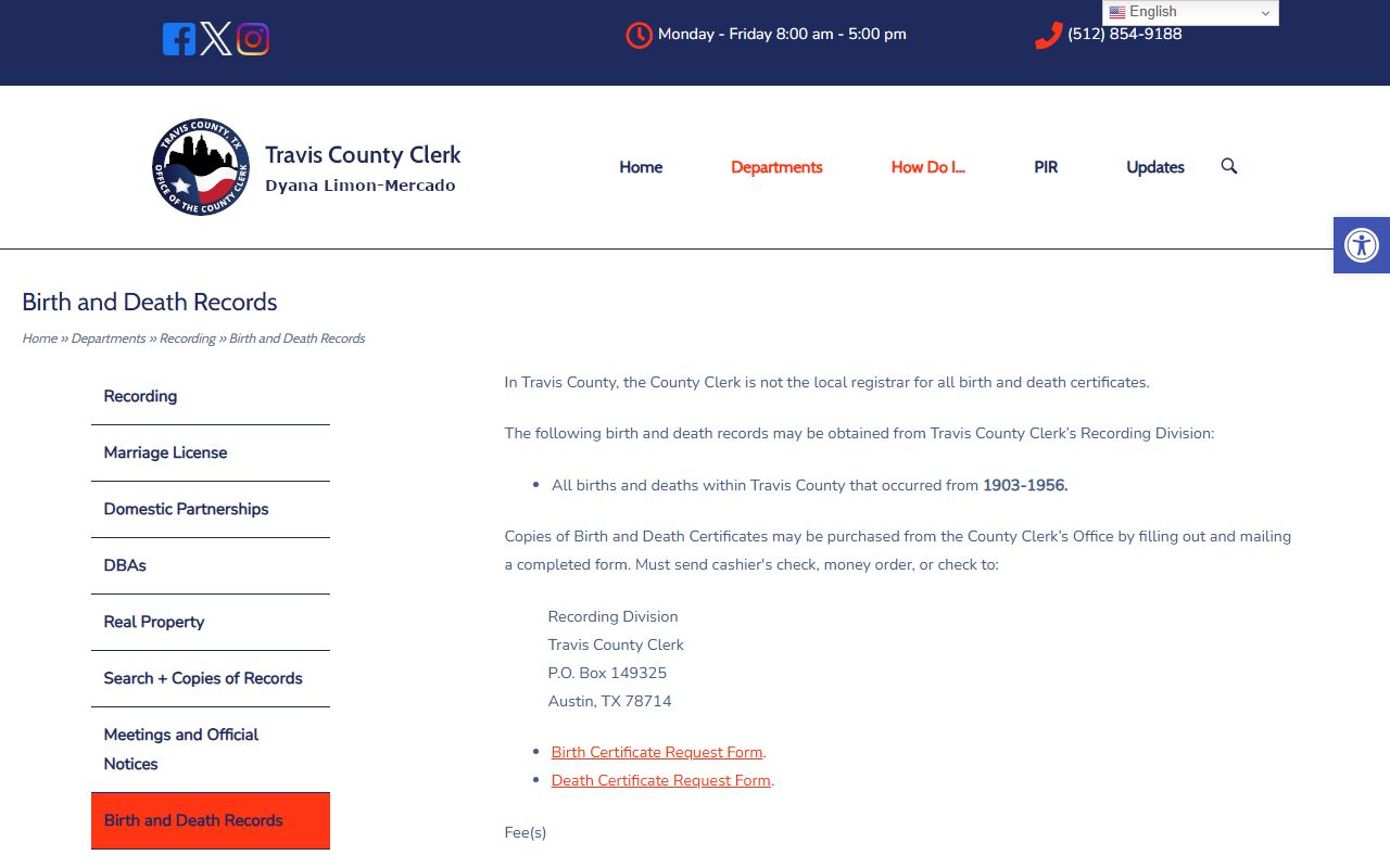 Travis County Clerk vital statistics birth records Austin Texas