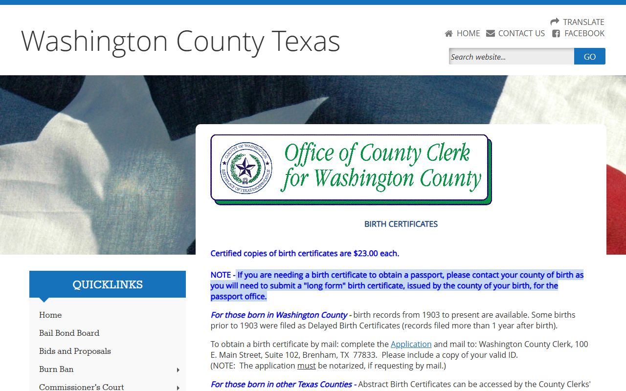 Washington County Clerk birth records page showing how to request certified copies in Brenham Texas