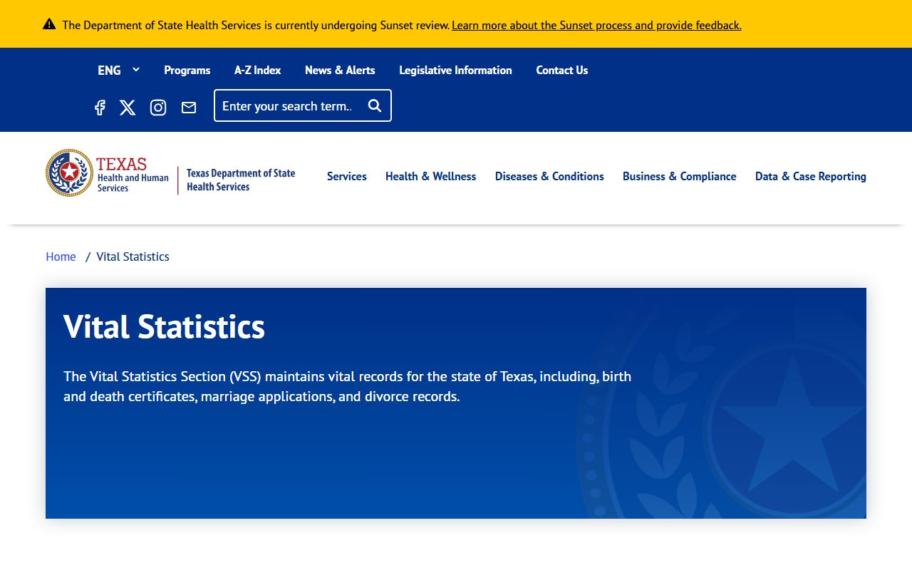 Texas DSHS Vital Statistics Section birth records homepage