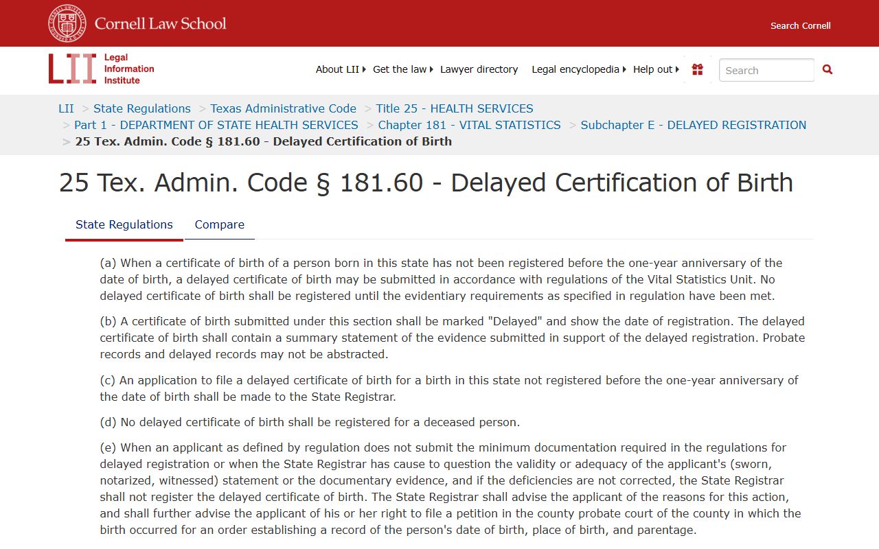 Texas Administrative Code Section 181.60 delayed birth certificate registration