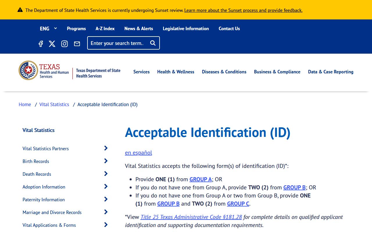 Texas DSHS acceptable identification requirements for birth records