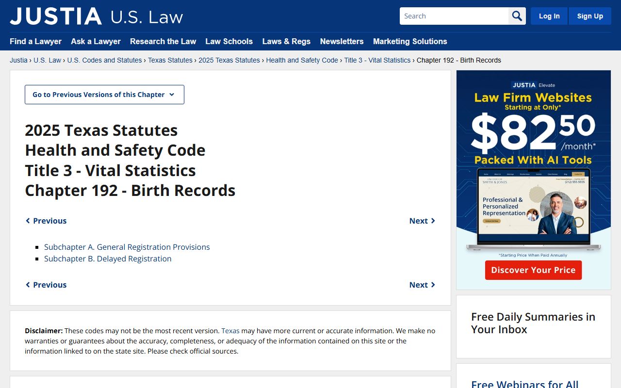 Texas Health and Safety Code Chapter 192 birth records law