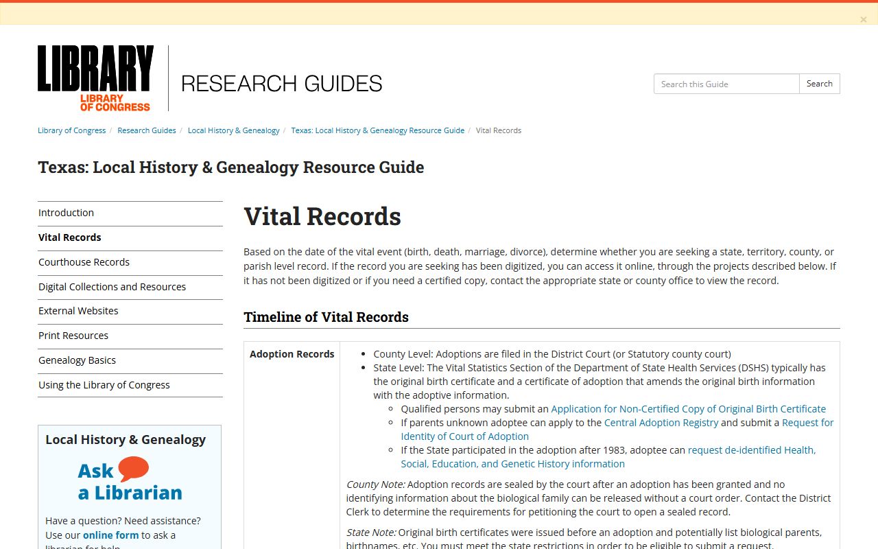 Library of Congress guide to Texas vital records for genealogy research