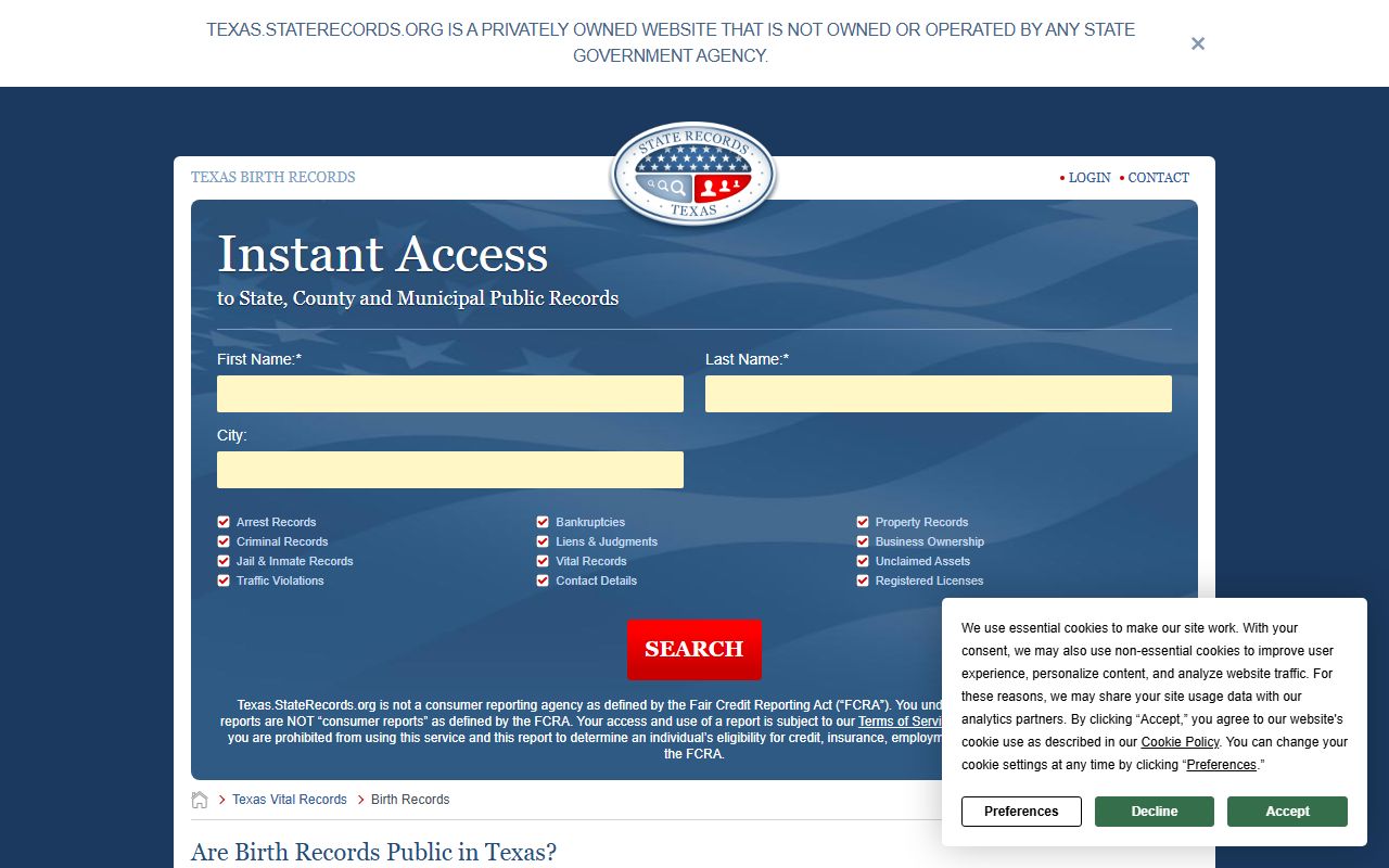 Texas birth record ordering system used for Walker County birth certificates
